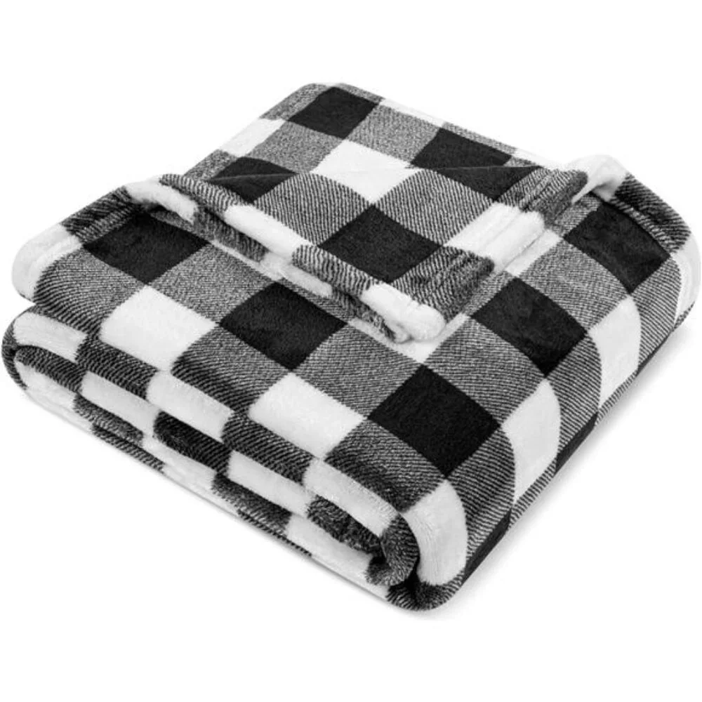 Black and White Buffalo Plaid Fleece Throw Blanket for Couch, Soft Checkered